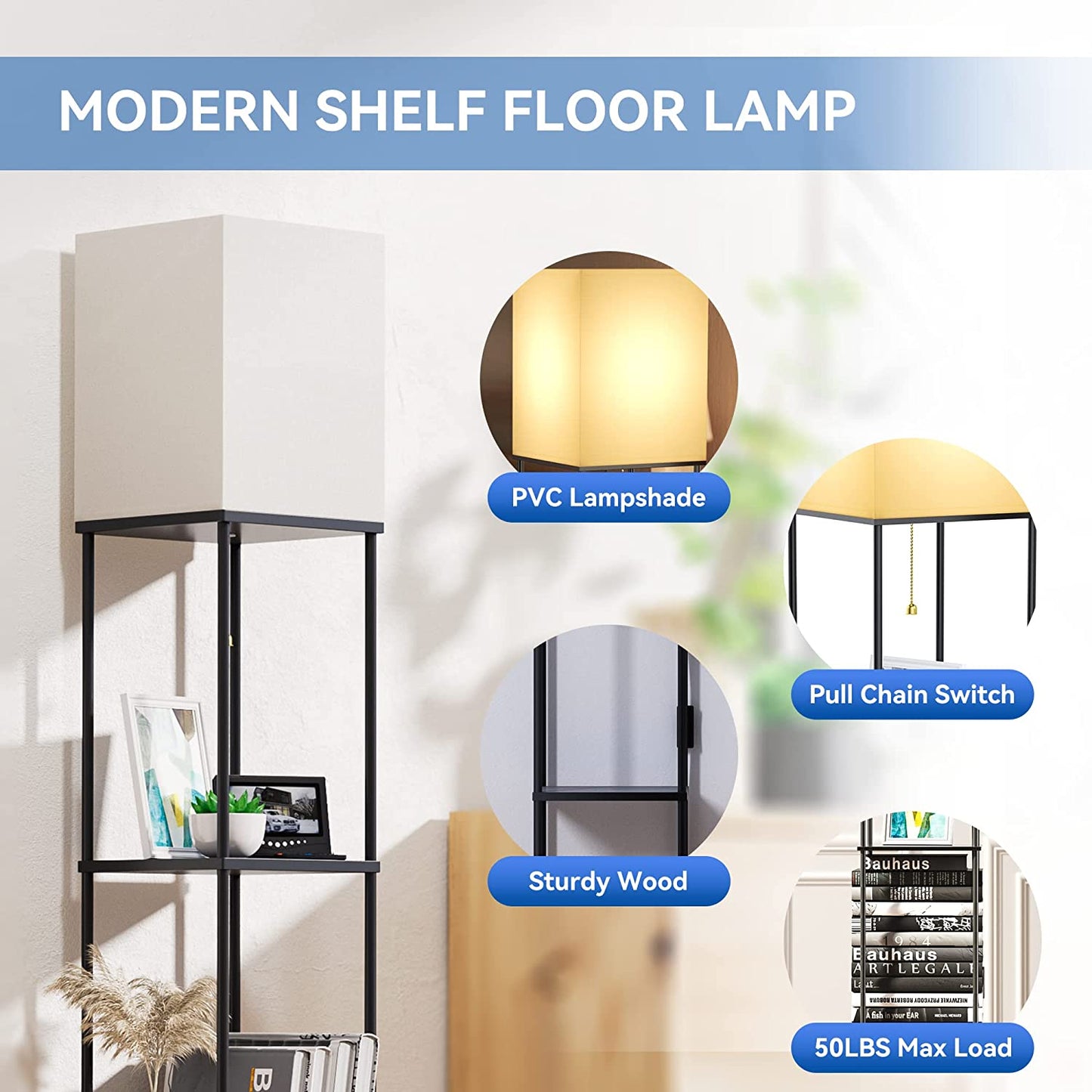 Floor Lamp With Shelves LED Modern Smart Standing Floor Lamp With 3 Color Temperature For Living Room, Bedroom